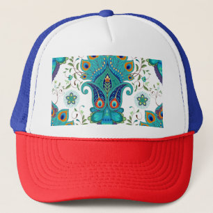 Casquette Paisley orientale, motif en plumes paon.