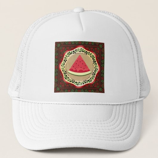 Casquette pastèque sur plaque d'olive avec tatreez palestini (Devant)