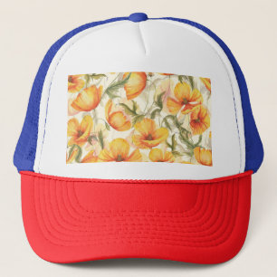 Casquette Pavots jaunes : motif d'aquarelle dessiné à la mai