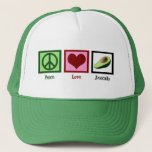 Casquette Peace Love avocat<br><div class="desc">Un joli signe de paix,  un coeur et un avocat cadeau. Casquette vert mignon pour les amateurs de guacamole.</div>