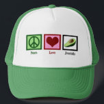 Casquette Peace Love avocat<br><div class="desc">Un joli signe de paix,  un coeur et un avocat cadeau. Casquette vert mignon pour les amateurs de guacamole.</div>