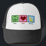 Casquette Peace Love Bananas<br><div class="desc">J'adore manger des fruits,  surtout des bananes jaunes délicieuses.</div>