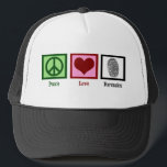 Casquette Peace Love Forensics Department Forensic Lab Card<br><div class="desc">Si vous trouvez la science légale fascinante,  c'est un casquette cool pour un scientifique légiste. Il comporte un signe de paix,  un coeur et une empreinte digitale pour un détective dans une enquête sur les lieux du crime. Casquette de Peace Love Forensics.</div>