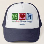 Casquette Peace Love Physical Therapy Personalized PT<br><div class="desc">This cute,  custom physical therapist hat features a pretty peace sign,  heart,  and the letters PT. A beautiful,  personalized physical therapy present. Peace Love Physical Therapy cap.</div>