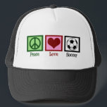 Casquette Peace Love Soccer<br><div class="desc">Les supporters de football et les footballeurs se sont rassemblés pour assister à la coupe du monde extraordinaire 2010. Que vous soyez une mère de football ou un professionnel du football,  vous aimerez ce design. Peace Love Soccer.</div>