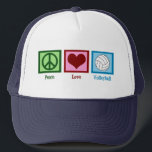 Casquette Peace Love Volley<br><div class="desc">Un signe de paix,  un coeur,  et un joli volley sur un carré bleu. J'adore le volley,  la plage,  l'intérieur,  vous le nommez !</div>