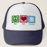 Casquette Peace Love Volley<br><div class="desc">Un signe de paix,  un coeur,  et un joli volley sur un carré bleu. J'adore le volley,  la plage,  l'intérieur,  vous le nommez !</div>