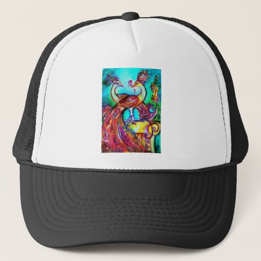 Casquette PEACOCKS IN LOVE MONOGRAM red blue turquase green (Devant)