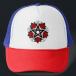 Casquette Pentagramme aux roses rouges<br><div class="desc">Pentagramme noir avec motif,  décoré de fleurs,  roses rouges avec feuilles sur arrière - plan blanc. Style tatouage.</div>