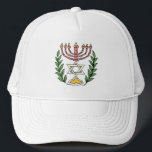 Casquette Persian Magen David Menorah<br><div class="desc">Cette image a été adaptée à partir d'un carrelage juif perse antique et présente une menorah avec un Magen David (Étoile de David) encadré de branches d'olivier. Les imperfections de l'image originale peinte à la main ont été conservées.</div>