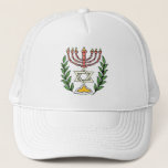 Casquette Persian Magen David Menorah<br><div class="desc">Cette image a été adaptée à partir d'un carrelage juif perse antique et présente une menorah avec un Magen David (Étoile de David) encadré de branches d'olivier. Les imperfections de l'image originale peinte à la main ont été conservées.</div>