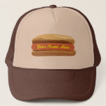 Casquette personnalisé de hot-dog<br><div class="desc">Un casquette comportant une illustration d'un hot dog simple dans un petit pain.  Personnalisez avec votre nom en jaune comme moutarde.  Le casquette décrit dans bronzage et brun,  mais peut être acheté dans d'autres couleurs.  Articles assortis Look for chez Paperie de Jill.</div>