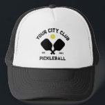 Casquette Pickleball Club Team Player Custom Pickle Gift<br><div class="desc">Standout on the pickleball court in this super cool hat featuring crossed pickleball paddles, a ball and your custom text. Easily change the wording to include your pickleball club name, team name, city/location or any wording your choose. Also change the font and graphic colors - just click edit/personalize. Makes an...</div>