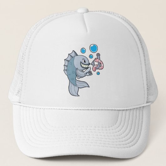 Casquette Poisson avec hameçon et ver de poisson (Devant)