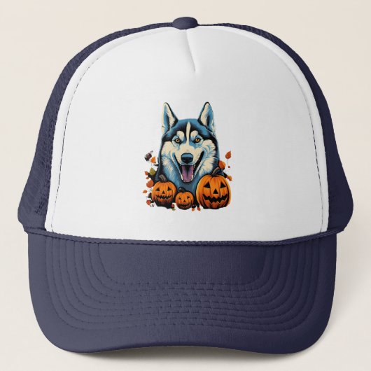 Casquette Pop Art Smilling Husky Chien avec Halloween Citrou (Devant)