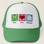 Casquette Poulets de l'amour pour la paix<br><div class="desc">Panneau de paix,  coeur,  et un mignon poulet sur une ferme. J'adore être fermier et travailler avec des animaux comme les poules. Peace Love Chickens.</div>