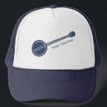 Casquette Pour les joueurs de Banjo message personnalisé ble<br><div class="desc">Ajoutez le nom de votre groupe bluegrass,  votre propre slogan amusant ou le nom de votre joueur de banjo préféré pour créer un casquette d'une gentillesse. Ce casquette présente une illustration d'un banjo en bleu marine avec votre propre message écrit en lettres bleues coordonnées.</div>
