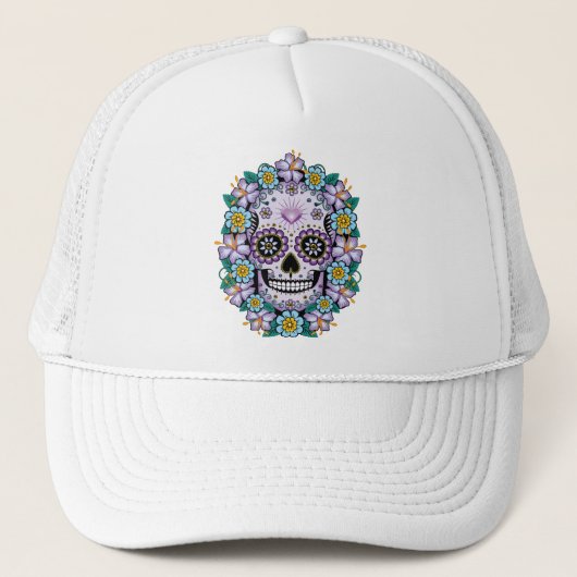 Casquette Purple Sugar Skull with Flowers (Devant)