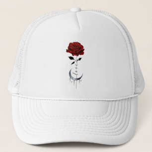 Casquette Rose rouge de style tatouage et lune de croissant 