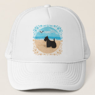Casquette Scottie à la plage avec mouette