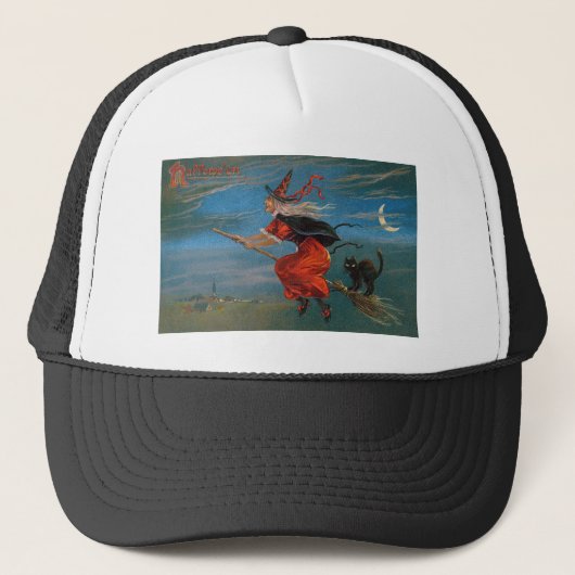 Casquette Sorcière volant avec chat noir la nuit d'Halloween (Devant)