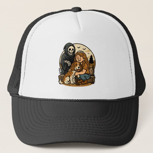Casquette Spooky Grim Reaper with Girl and Dog Skeleton Art (Devant)