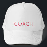 Casquette Sports Team Spirit COACH Cadeau Texte personnalisé<br><div class="desc">Casquette blanc moderne avec COACH personnalisé en rouge. Facile à personnaliser le texte, la couleur du texte. Un cadeau amusant pour n'importe quel entraîneur de sport de la petite ligue à l'université. Mélangez et faites correspondre des collections Sports / Coach / Team Spirit par TMCdesigns.</div>