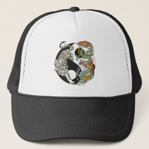 Casquette Tigre blanc contre dragon vert au Yin yang