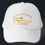 Casquette Trombone High School Band Gold Personnalisé<br><div class="desc">Ce casquette de fanfare du lycée d'or moderne et personnalisé porte le nom de l'élève et du groupe sous l'instrument trombone. Customisez les membres symphoniques,  d'un ensemble de vent ou d'un groupe de concert ou leur directeur pour un grand cadeau de remise de diplômes.</div>