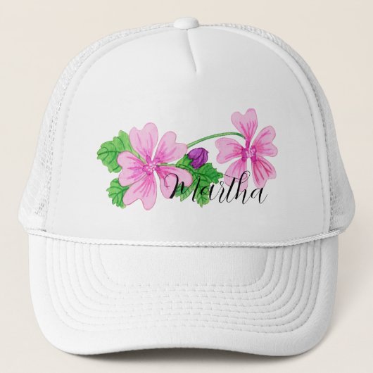 Casquette Trucker à fleur aquarelle rose avec nom (Devant)