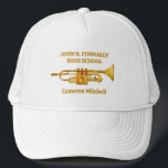 Casquette Trumpet Player High School Band Gold Personnalisé<br><div class="desc">Ce casquette de fanfare du lycée d'or,  sur coutume,  porte le nom de l'élève et du groupe sous l'instrument de trompette. Customisez les membres symphoniques,  d'un ensemble de vent ou d'un groupe de concert ou leur directeur pour un grand cadeau de remise de diplômes.</div>