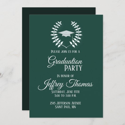 Casquette vert foncé & Feuilles Grad Invitation 5" (Devant / Derrière)