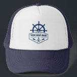 Casquette Votre nom de bateau Ancre Oars Helm Stars en bleu<br><div class="desc">Ancre nautique Oars,  Ships wheel Helm et Stars avec votre nom de bateau personnalisé ou autre texte sur un chapeau de camion élégant.</div>