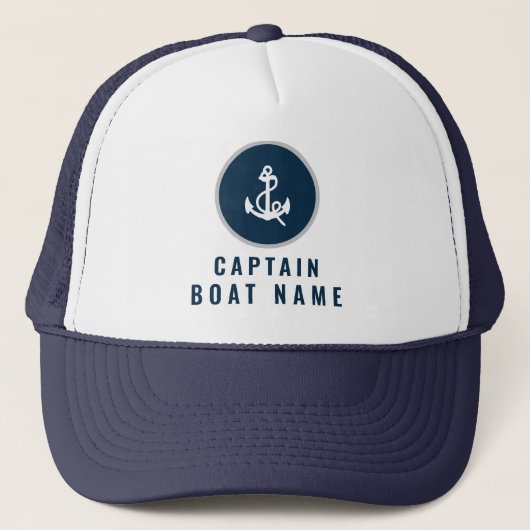 Casquette Votre nom de bateau Nautical Blue blanc Ancre Capi (Devant)