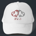 Casquette We just got ENGAGED! mesh-back cap<br><div class="desc">A "we just got engaged!" cap for a happy couple to let everyone know.
 It shows two interlinked hearts,  one in red and one in silver. Change the monogram to their initials.



image code: intwhrts</div>