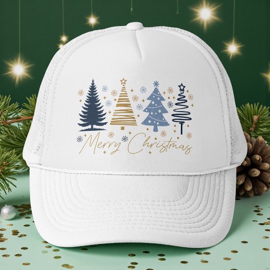 Casquette Whimsical Merry Christmas Festive Trees Blue Gold