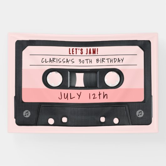 Cassettebandje Roze Retro Verjaardagsfeest Spandoek (Horizontaal)