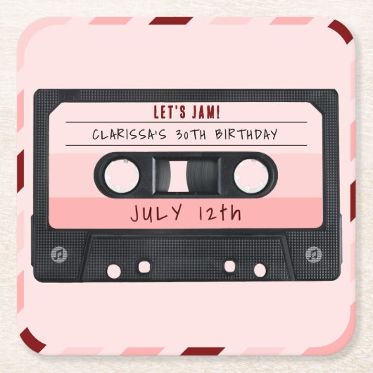 Cassettebandje Roze Retro Verjaardagsfeest Vierkante Kartonnen Onderzetter (Voorkant)