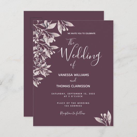 Cassis botanische paarse scriptbruiloft briefkaart (Voorkant / Achterkant)