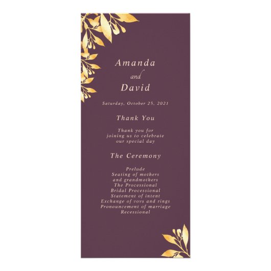 Cassis maroon programme de mariage botanique en or (Devant)