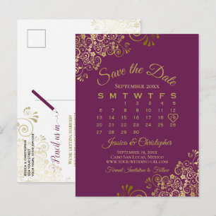 Cassis Paars Gouden Trouw Save the Date Kalender Aankondigingskaart