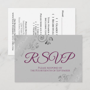 Cassis Paars op Grijs Elegante Zilveren Bruiloftsl RSVP Kaartje