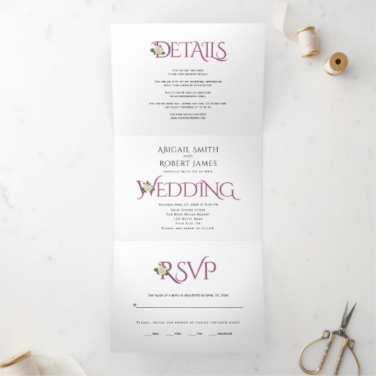 Cassis paarse initialen en ampersand, rozen bruilo drieluik uitnodiging (Binnen)