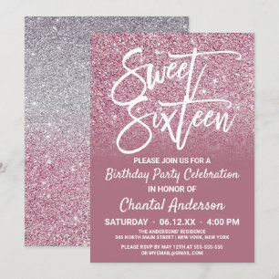 Cassis roze Silver Glitter Ombre Sweet Sixteen Kaart