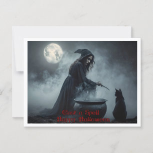 Cast a Spell, Heks, Zwarte Kat, Caldron Halloween Briefkaart