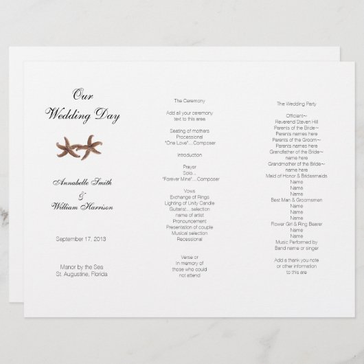 Castal Wedding Tri-Fold Starfish Couple-programma (Voorkant / Achterkant)