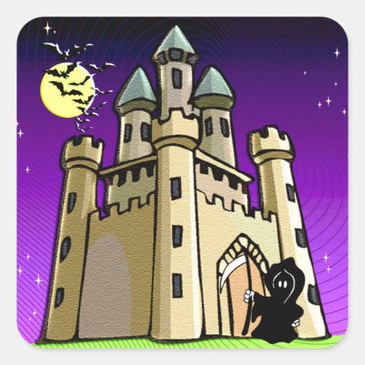 Castle Bats and Grim Reaper aan Castle Deuren Vierkante Sticker (Voorkant)