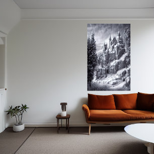 Castle in de sneeuwberg AI Art Poster