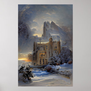 Castle in Snow, Retro Castle, kerstcadeau Poster