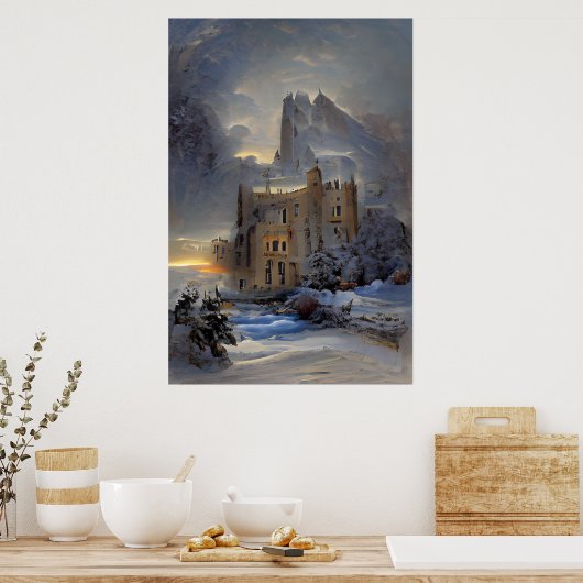 Castle in Snow, Retro Castle, kerstcadeau Poster (Keuken)